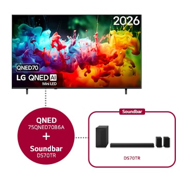 Vooraanzicht van 75 inch LG QNED AI QNED70 Mini LED 4K Smart TV 2026 & DS70TR 5.1.1-kanaals 75QNED70B6A.DS70TR